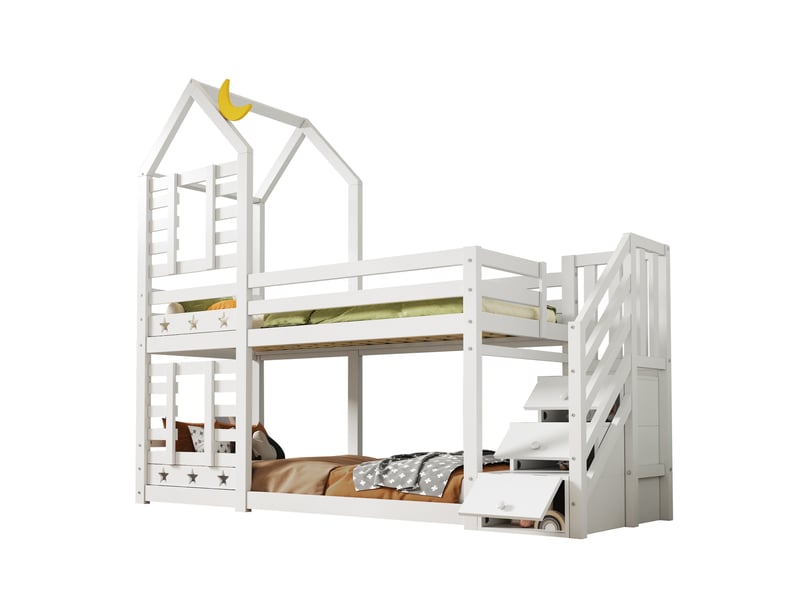  Lit superposé enfant cabane 90 x 200 cm, 2 sommiers, rangements et tiroirs, blanc  - Conforama A