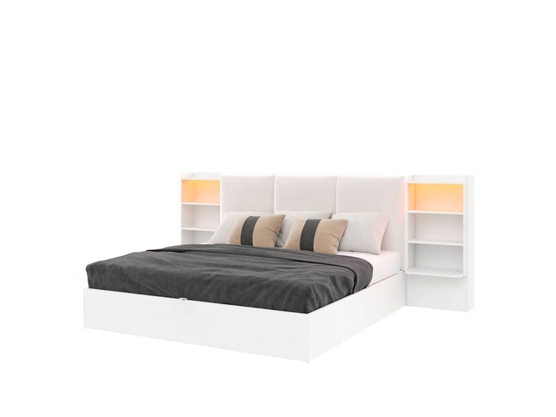 Lit coffre 180x200 avec rangement hydraulique, tête de lit capitonnée et éclairage led, blanc - Conforama A