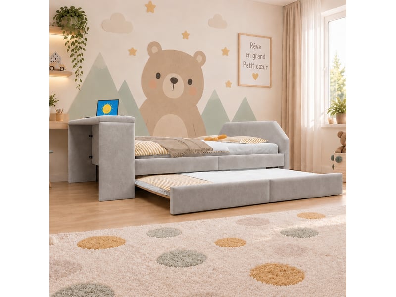  Lit enfant 140 x 200 cm rembourré avec bureau intégré, lit gigogne 90 x 200 cm et prise usb, velours gris, sans matelas  - Conforama E