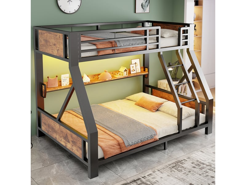 Lit superposé en métal 90x200+140x200 cm - avec éclairage led - avec échelle de sécurité - noir (matelas non inclus) - Conforama E