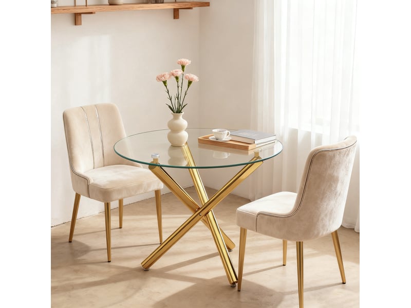 Table à manger ronde 80x80x77 cm, dessus en verre trempé, finition dorée, usage salon, séjour, pieds croisés métalliques  - Conforama B
