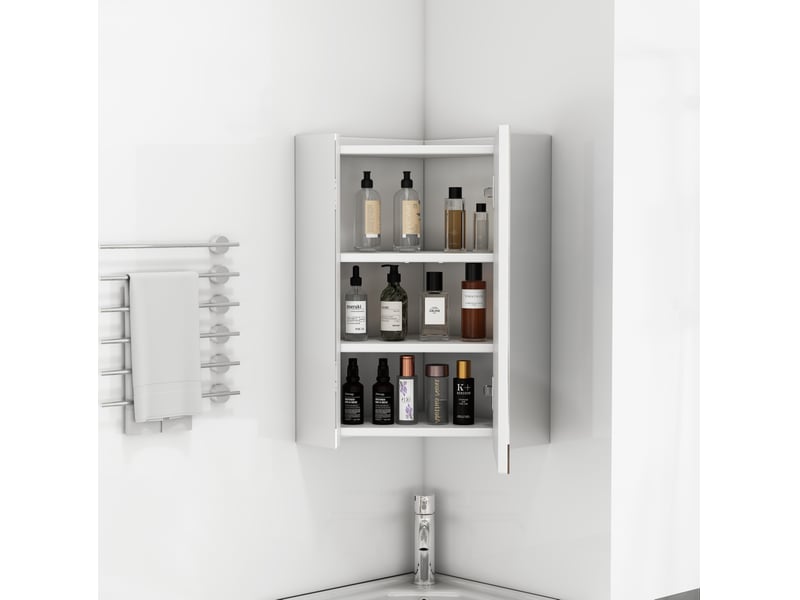 Armoire de bain d’angle murale avec 3 miroirs, charnières amorties et étagères, blanche 32,5 × 32,5 × 55,6 cm  - Conforama D