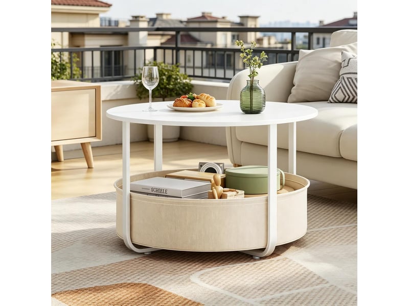  Table basse 80x80x50 cm, panier en toile, meuble d'appoint, rangement salon, salon, en toile et métal, beige et blanc  - Conforama D