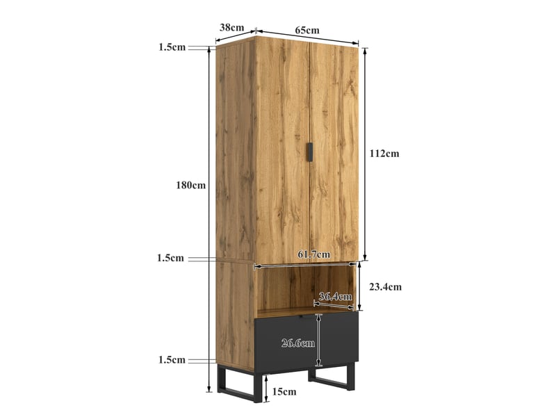  Armoire d'entrée avec 1 tiroir, 3 étagères, niche ouverte et tringle, en bois naturel et noir  - Conforama C