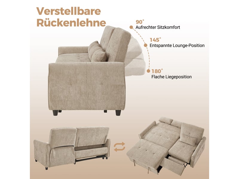  Canapé 3 places convertible 3 en 1 en tissu chenille, couchage extensible, dossier 3 positions 90°, 145°, 180°, fonction lit  - Conforama E