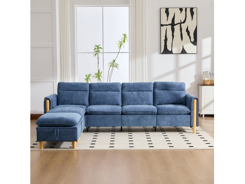 Canapé modulaire 4 places modenvie en tissu chenille bleu avec deux poufs et rangements, 261 x 77 x 86 cm - Conforama D