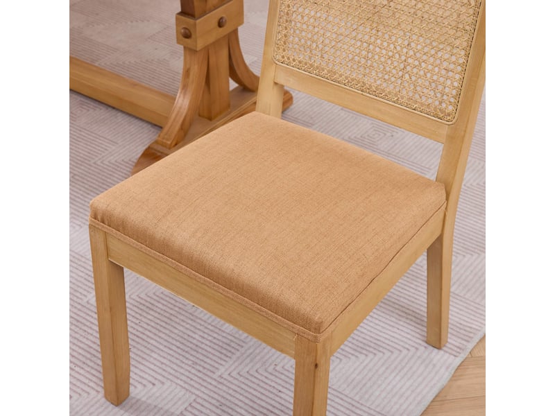  Lot de 2 chaises de salle à manger en rotin dossier cannage cadre bois massif naturel assise rembourrée mousse ressort s pour cuisine maison beige  - Conforama D