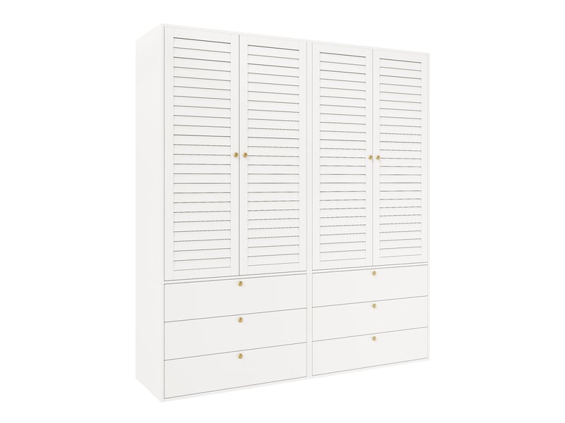  Armoire 4 portes 180x50x200 cm, portes à lamelles, 6 tiroirs, panneau de particules blanc, grand rangement de vêtements  - Conforama A