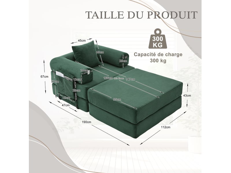 Fauteuil modulable modenvie en velours côtelé vert émeraude avec repose-pieds et coussin 112 x 190 x 67 cm - Conforama C