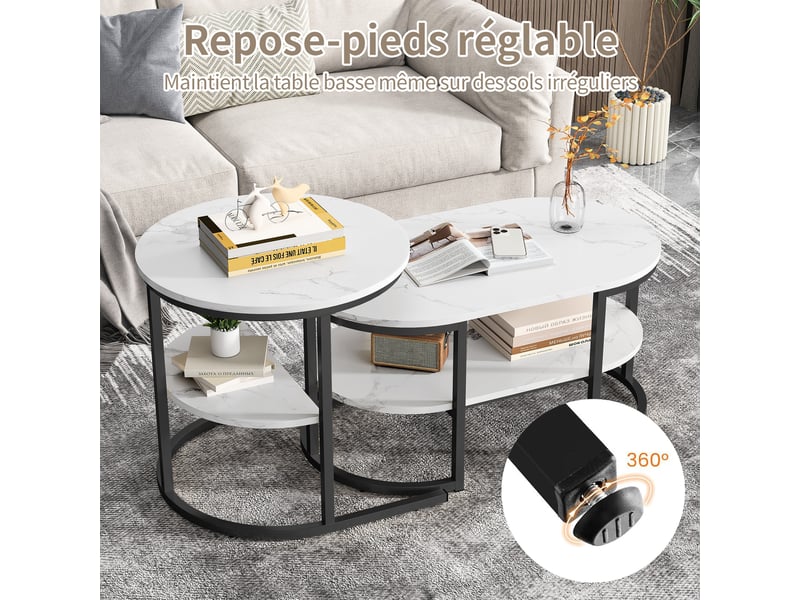  Lot de 2 tables basses gigognes ovale et ronde - 80 x 46 x 41 cm-noir - table de salon avec effet marbre et étagère de rangement  - Conforama D