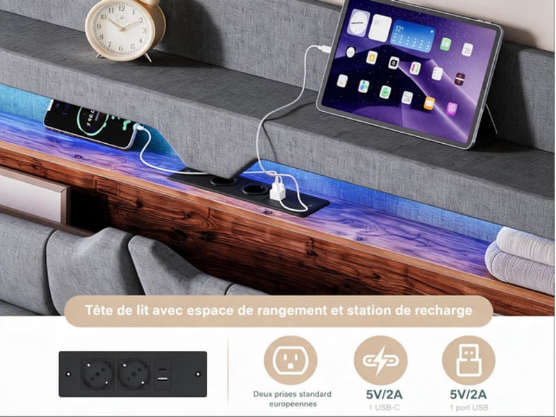  Lit coffre 140x190 cm ezssw, coloris gris  - Conforama E