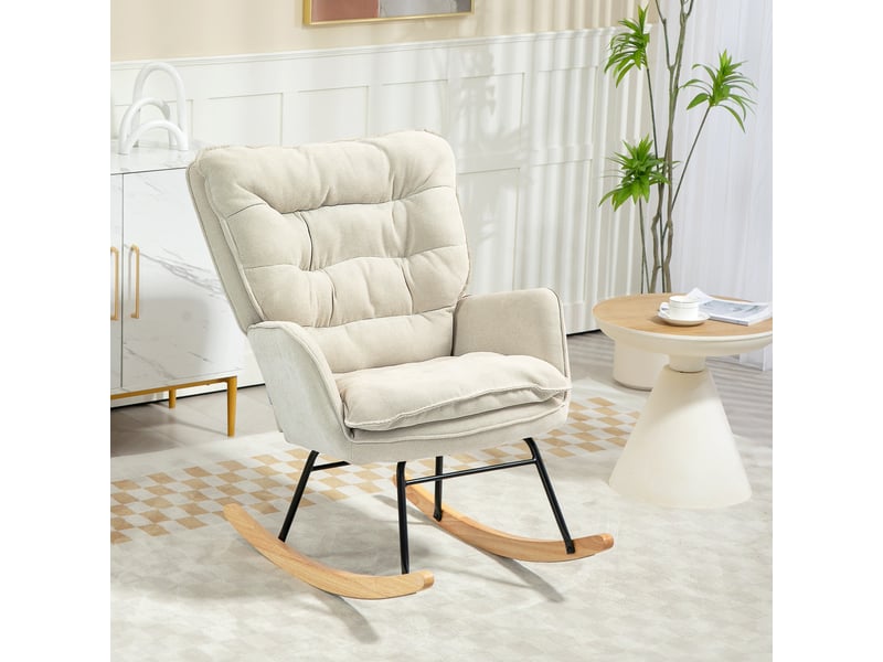  Fauteuil à bascule, chaise à bascule, rocking chair, chenille (100% polyester), 98.5x71x97cm, beige  - Conforama D