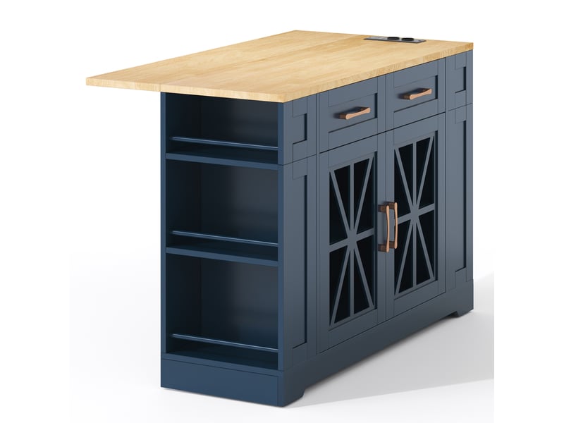  Desserte de cuisine 120x40-65x92 cm bleu et naturel, mdf, plateau rabattable, prises et roulettes avec freins  - Conforama E