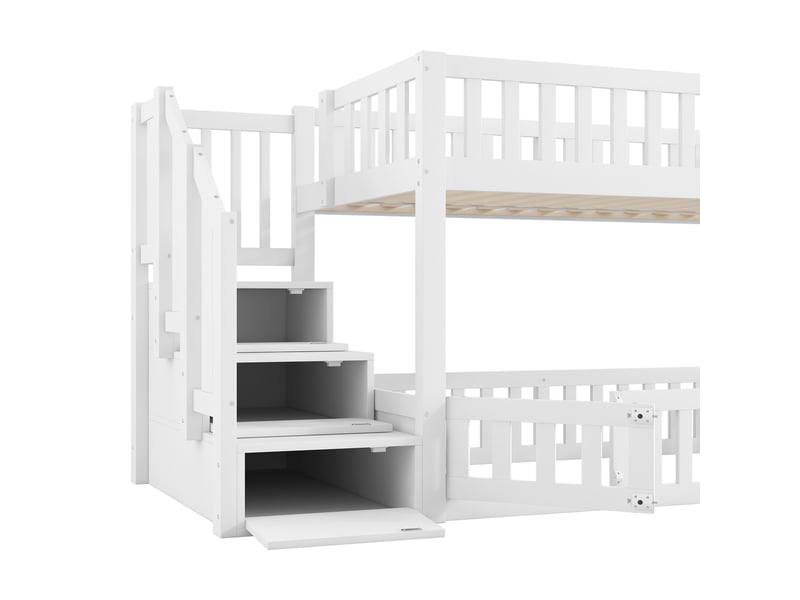  Lit superposé enfant 200×90 cm avec échelle de rangement, barrières et portillon, sans matelas, blanc  - Conforama E