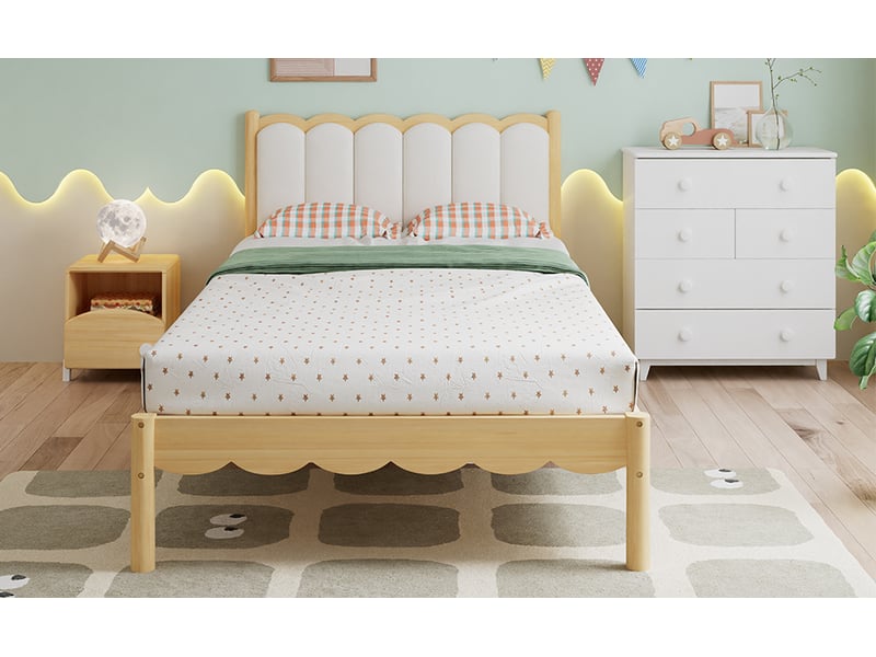  Lit enfant 90x200 cm avec tête de lit rembourrée en pu beige et bois naturel  - Conforama W