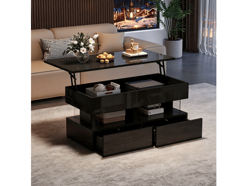  Table basse relevable 100 x 50 x 46 cm en mdf et acrylique avec rangement, 2 tiroirs et led noire chicfurn  - Conforama C