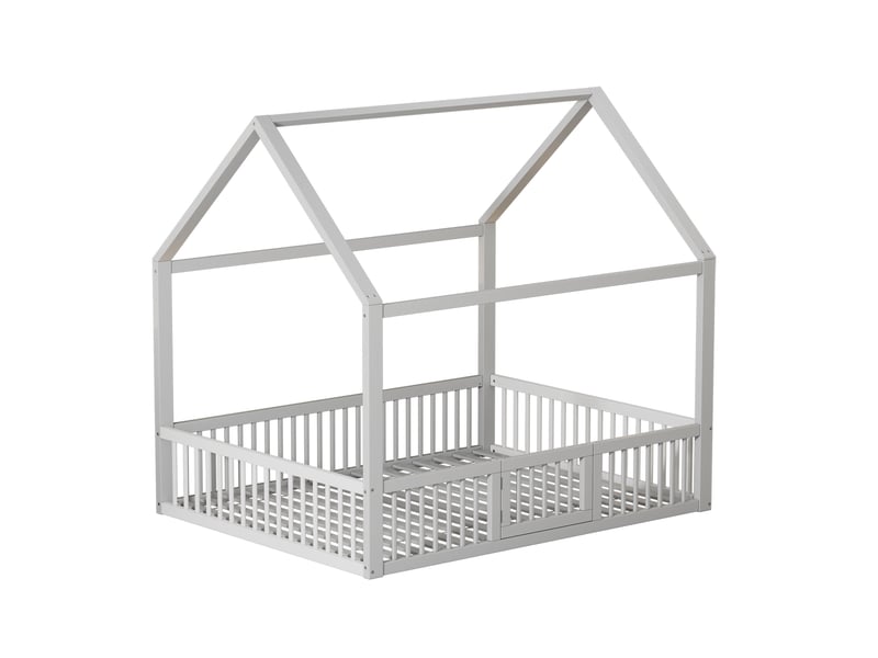  Lit enfant cabane 140x200 cm en pin blanc avec barrières et porte  - Conforama D