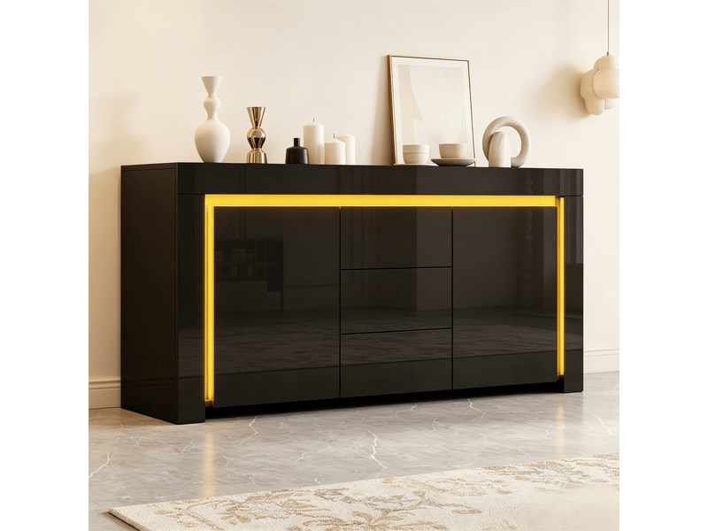 Buffet avec 2 portes, 3 tiroirs, led et étagères réglables pour salon en mdf 140×40×65 cm noir - Conforama C