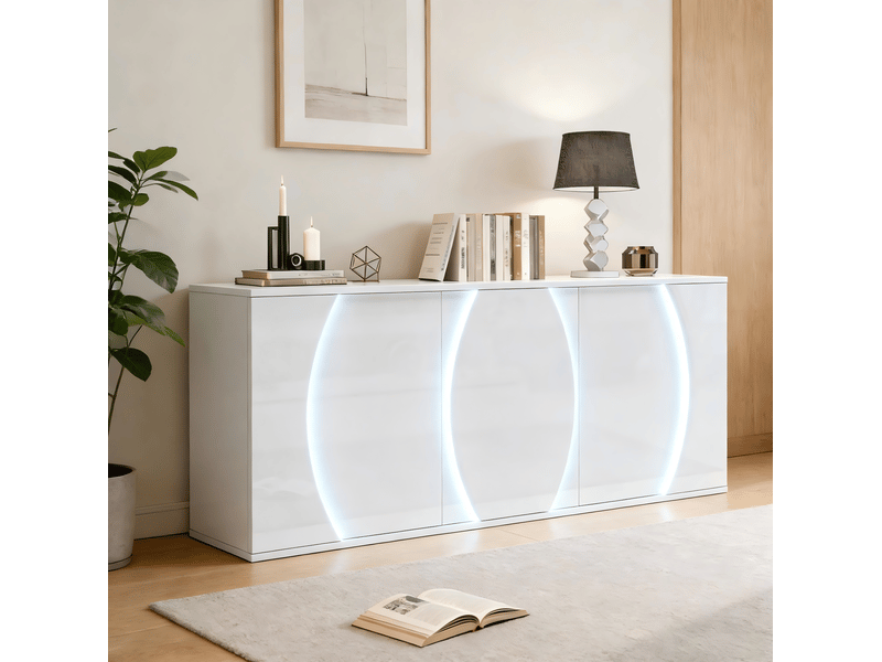 Buffet avec led, 3 portes et étagères réglables, meuble tv pour salon en panneaux de particules blanc, 150x40x70 cm - Conforama B