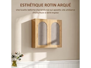 Armoire murale de salle de bain bohème avec 2 portes effet rotin à douce fermeture et étagère réglable, chêne