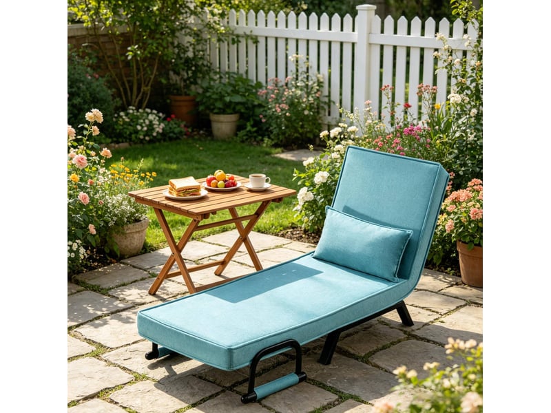  Fauteuil convertible 3 en 1 à dossier réglable sur 5 positions avec coussin amovible, en lin bleu, mousse et métal  - Conforama B