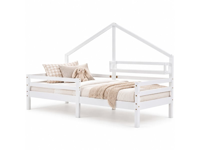  Lit cabane enfant 90x200 cm, lit maison avec étagère intégrée, forme cheminée, blanc Fay Lum - Conforama A