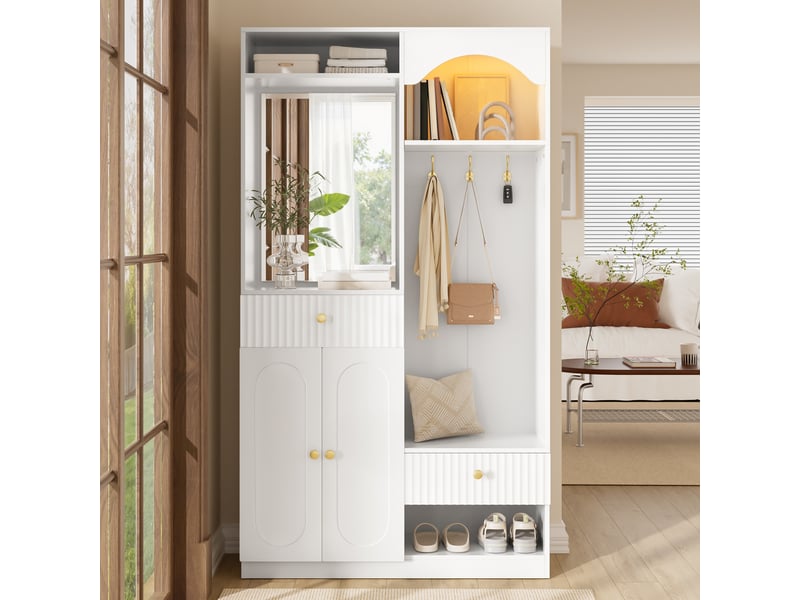  Vestiaire compact avec miroir et banc, meuble à chaussures, crochets, led réglable, blanc  - Conforama B
