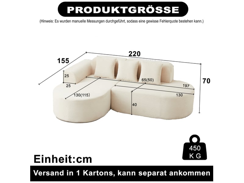  Canapé d'angle 4 places 220 x 155 x 70 cm beige en velours côtelé, méridienne et assise mi-souple  - Conforama C