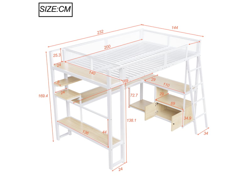 Lit mezzanine 140 x 200 cm, lit enfant surélevé, bureau intégré, étagères ouvertes, éclairage led, échelle, barrières de sécurité, métal, blanc Morn Vibe - Conforama C