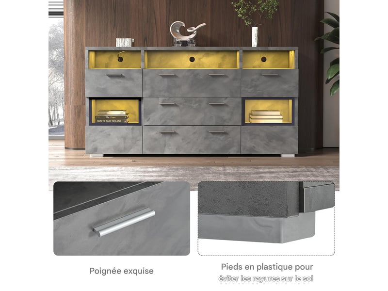  Buffet de rangement avec led panneau de particules gris 140x33.5x72.5 cm - pangivo  - Conforama D
