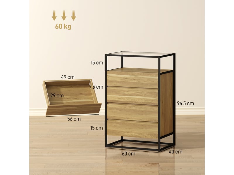  Commode à 4 tiroirs, étagère ouverte, acier, verre trempé  - Conforama E