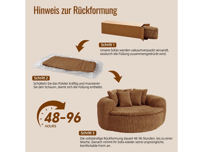  Fauteuil lounge 1 places en velours côtelé camel, assise profonde 89×90 cm, 5 coussins, sans montage, design arrondi  - Conforama W