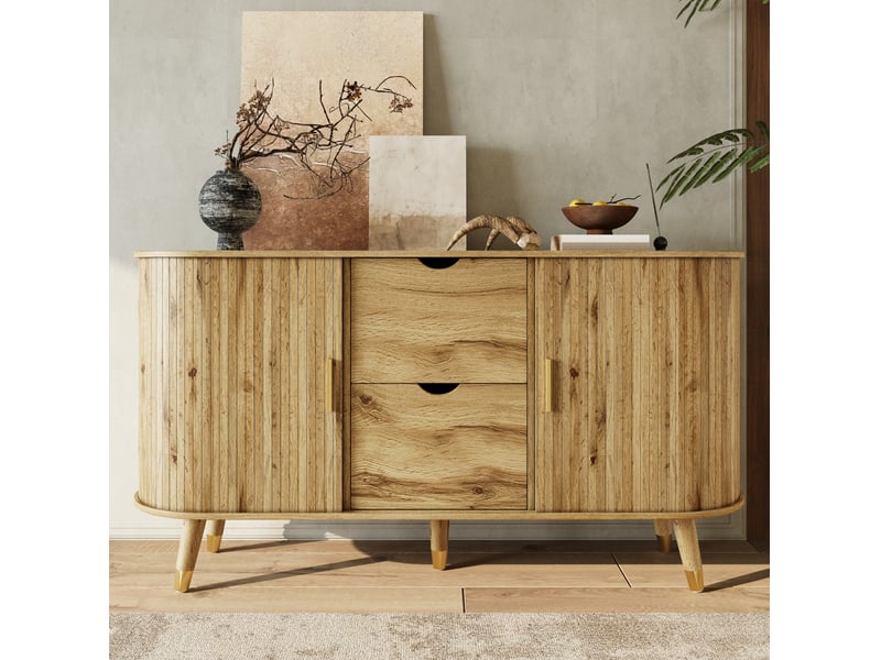 Buffet 140x40x79.5 cm à portes texturées, 2 tiroirs en mdf coloris naturel - Conforama B