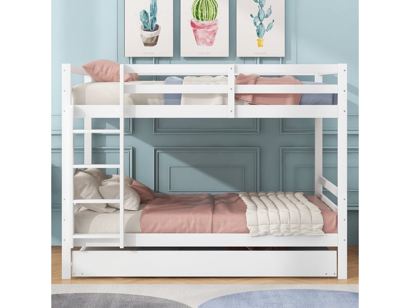  Lit superposé 140x200 cm en bois massif, lit enfant avec lit gigogne et escalier sécurisé, lit superposé blanc pour 3 personnes.  - Conforama E