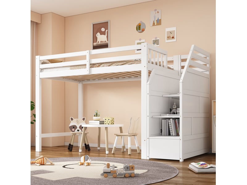  Lit mezzanine 90x200 cm, escalier avec rangement, garde-corps, sommier à lattes, pin et mdf blanc, sans matelas  - Conforama B