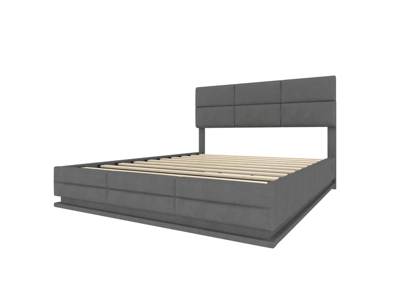 Lit coffre 180x200 cm avec led, usb type-c, en velours gris foncé, sans matelas - Conforama E