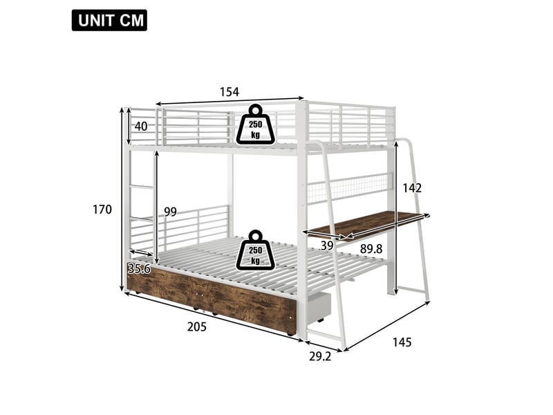  Lit superposé 140x200 cm en métal blanc et mdf avec bureau, led, prises usb et type-c, 2 tiroirs, sans matelas  - Conforama C