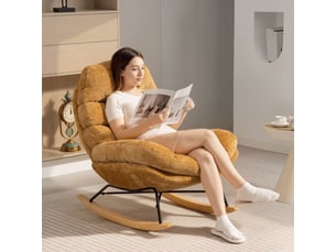 Fauteuil à bascule rembourré, structure en acier, patins en bois, dossier en tissu imitation coton