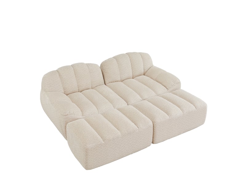  Canapé modulaire 2 places ulevr avec 2 poufs, 210 x 165 x 79 cm, mousse 32d, tissu bouclette beige et blanc  - Conforama A