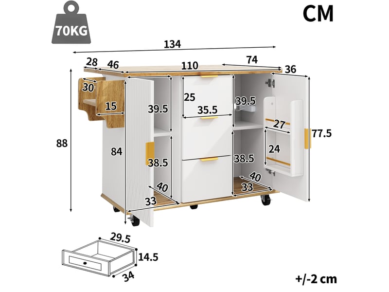 Desserte de cuisine 134x46x88 cm blanche en mdf et métal, plateau rabattable, 3 tiroirs et prises intégrées - Conforama C