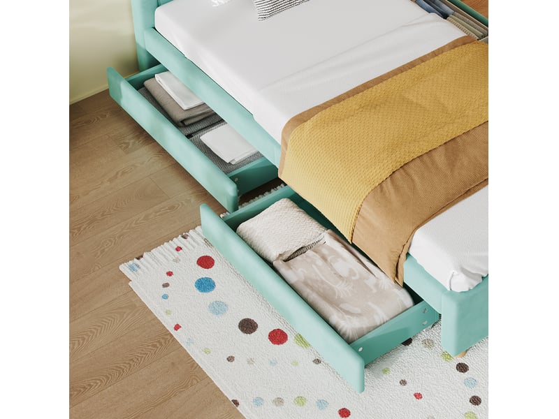  Lit enfant à tiroirs 90 x 200 cm bleu vert en velours français, tête de lit maison et sommier à lattes  - Conforama E