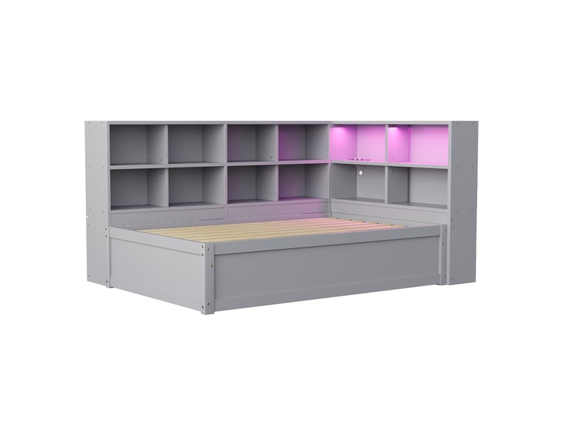  Lit simple en bois 90*200, bloc de prises, compartiments, bandeau led, coffre hydraulique, gris avec rangements  - Conforama A