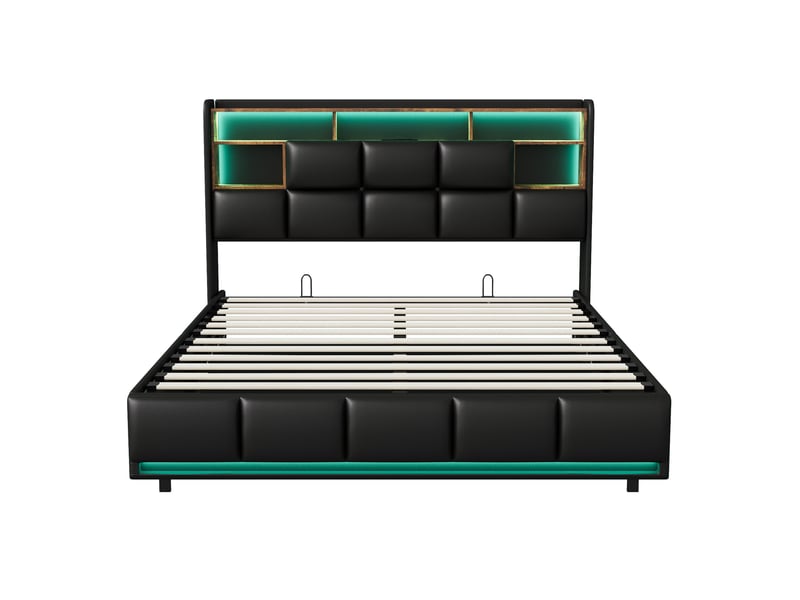  Lit double coffre - 160 x 200 cm - noir - similicuir pu, tête de lit de rangement, éclairage led intelligent, prises et vérins hydrauliques  - Conforama A