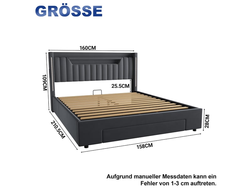  Lit coffre double 160x200 cm, rangement avec tiroirs, revêtement velours gris (sans matelas)  - Conforama C