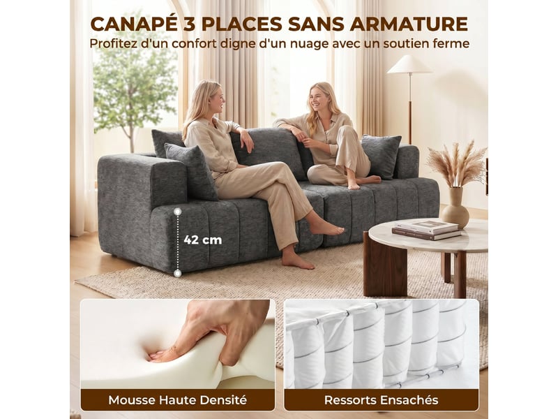  Canapé 3 places en chenille 248 cm, canapé salon moderne, large assise rembourrée, gris, coussins à ressorts  - Conforama A