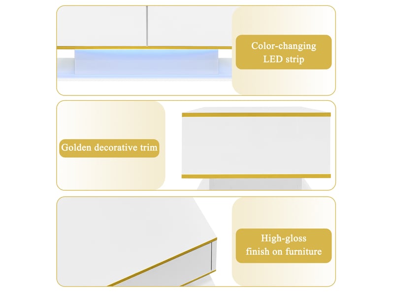  Table basse avec 3 tiroirs, 1 niche ouverte et led, finition brillante, pour salon, 100 × 50 × 40 cm, blanc et or  - Conforama E