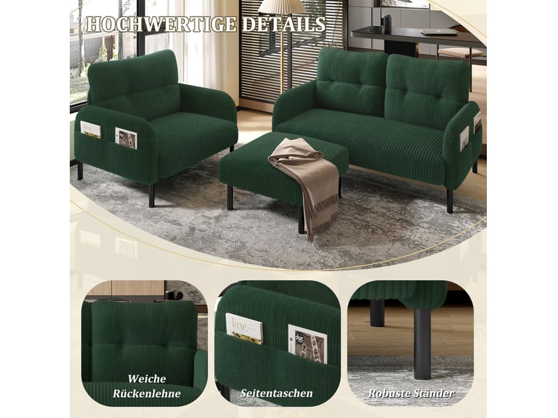  Ensemble de canapés 2 places avec fauteuil et repose-pieds, pochette latérale, dossier, pour le salon, velours, vert  - Conforama D