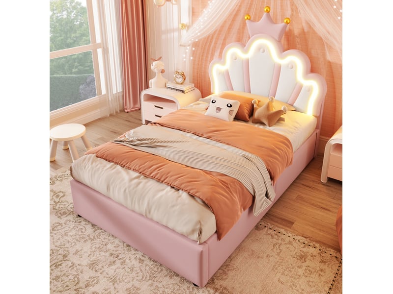  Lit coffre enfant 90x200 cm avec led et tête de lit couronne rose  - Conforama D