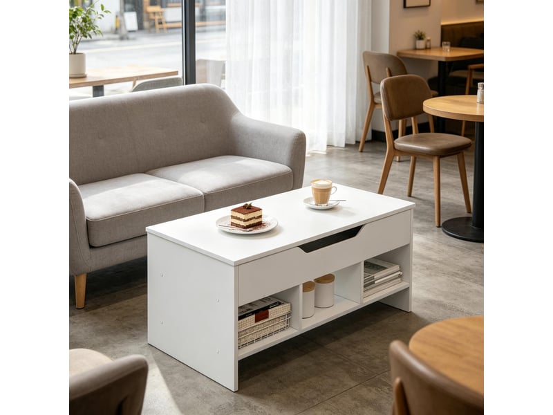  Table basse relevable blanche, table de salon transformable avec coffre et 3 casiers, 96x51x45 cm  - Conforama E
