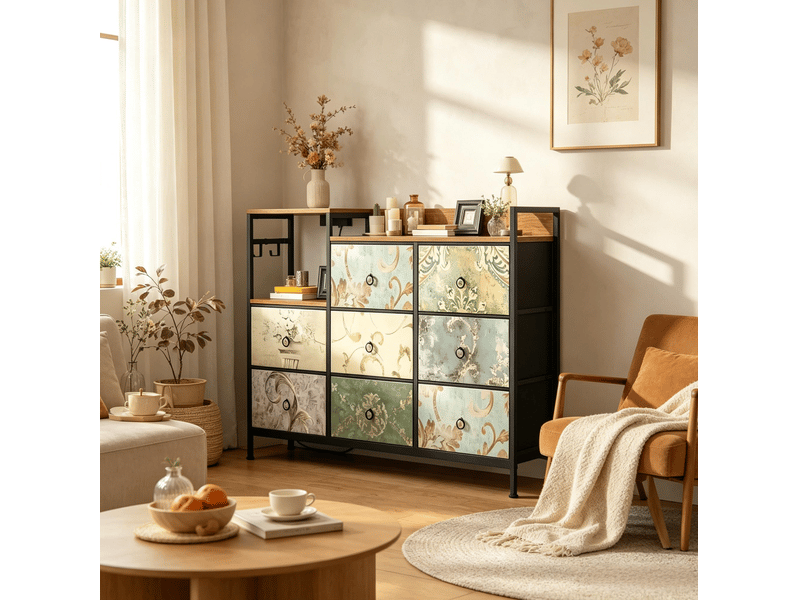  Commode avec 8 tiroirs en tissu, niche ouverte, prises et ports usb pour chambre ou une entrée, 132 × 29 × 88 cm  - Conforama C